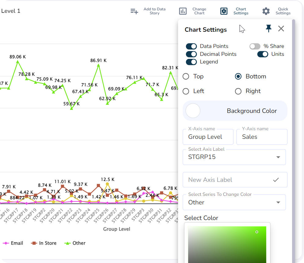 Chart builder UI showing customizable color palette and chart type selector